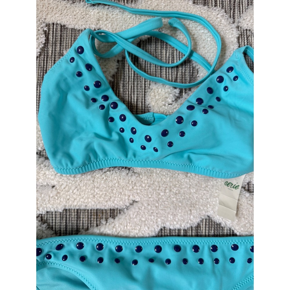 Aerie Turquoise Blue Studded Bikini Set Triangle Top Halter Swimsuit New